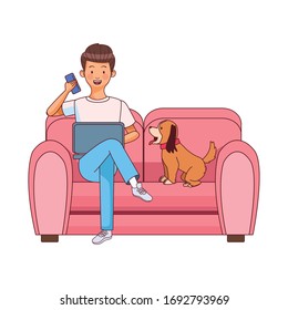 Mann mit Hund, der einen Laptop benutzt und Kaffee trinkt, in Sofa Vektorillustration Design