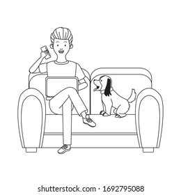 man with dog using laptop and drinking coffee seated in sofa vector illustration design