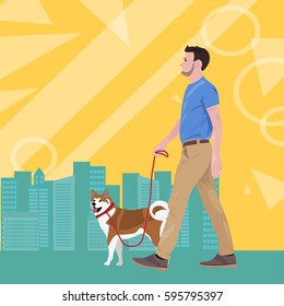 Man with dog vector illustration with city silhouette and modern design