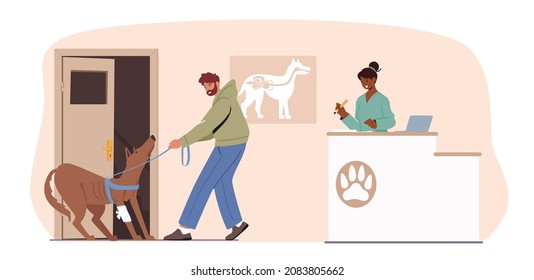 Mann mit Hund Besuch Veterinary Clinic, Besitzer Pull widerwillig Hund in Halle mit Administrator Girl Stand auf Rezeption. Tierkrankenhaus, Tiermedizin. Vektorgrafik von Cartoon People