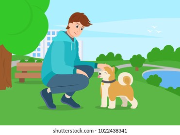 Man with a dog for a walk in the park. Guy stroking akita puppy. Vector illustation