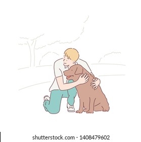 Man and dog walk in the park.Hand drawn style vector design illustrations.