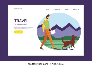 Man with the dog walking along the mountains and forests. Illustration for outdoor activities, travel, Hiking. Vector illustration in flat style.