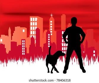 Homem e cachorro andando pela cidade