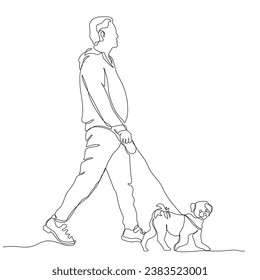 Man with dog walking outdoors. Continuous line drawing. Black and white vector illustration in line art style.