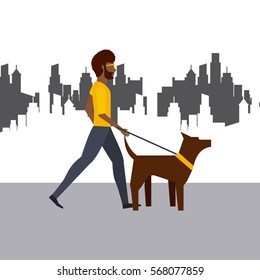 man with a dog walking over city background. colorful design. vector illustration