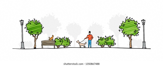 Man with dog walking in park vector illustration. Hand drawn urban life sketch art.
