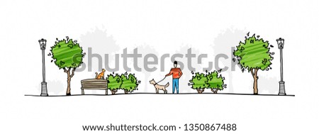 Man with dog walking in park vector illustration. Hand drawn urban life sketch art.
