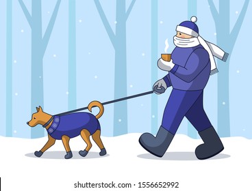 Man with dog walks in the park. Winter. Snowing. Man with coffee and in the warm clothes.  Dog in cute winter clother. Vector flat illustration.