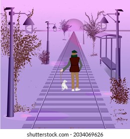 A man with a dog wanders along the tram tracks to nowhere.