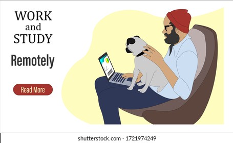 Hombre con perro trabajando y estudiando a distancia usando laptop.