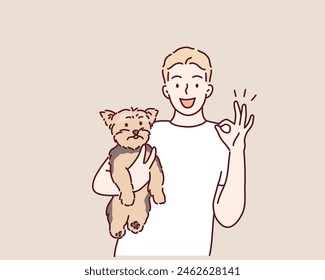 man with a dog Yorkshire terrier. Hand drawn style vector design illustrations.