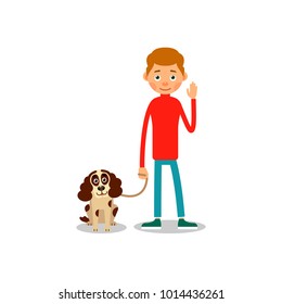 Man and dog. Young boy is standing and his dog sits next to him. Illustration in flat style. Isolated.
