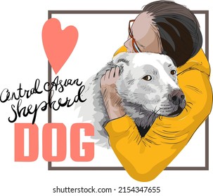 Man and dogs. Boy hugging lovely pet. Love animal. Central Asian Shepherd Dog. Character illustration. Ideal for game, book, t-shirt, card, print, poster, decoration, textile