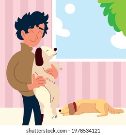man with dogs pets at home