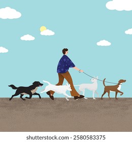 Man with dogs. Man walking with dogs. Four dogs in black, white, grey and brown are running on the street with the boy in summer time. Clear blue sky, clouds, sunny, happy mood in illustration graphic