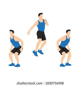 Man doing 180 degree twisting jump squats. Sport exersice. Flat vector illustration isolated on white background