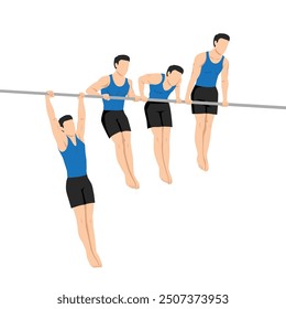 Man doing 4 steps of Muscle up on bar calisthenics movement. Flat vector illustration isolated on white background