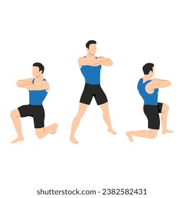 Man doing 90 degree turning lunge or rotation lunges exercise. Flat vector illustration isolated on white background