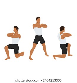 Man doing 90 degree turning lunge or rotation lunges exercise. Flat vector illustration isolated on white background