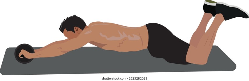 A man doing abdominal exercise by Abs Wheel Roll on a yoga mat flat vector illustration.