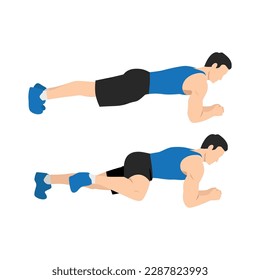 Hombre haciendo introducción de posición de ejercicio abdominal con Plank Knee a Elbow en 2 pasos para guía. Ilustración vectorial plana aislada en fondo blanco