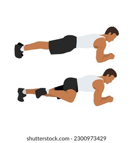 Hombre haciendo introducción de posición de ejercicio abdominal con Plank Knee a Elbow en 2 pasos para guía. Ilustración vectorial plana aislada en fondo blanco