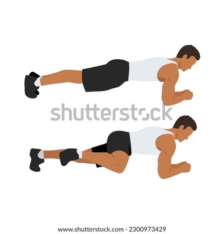 Man doing Abdominal exercise position introduction with Plank Knee to Elbow in 2 step for guide. Flat vector illustration isolated on white background