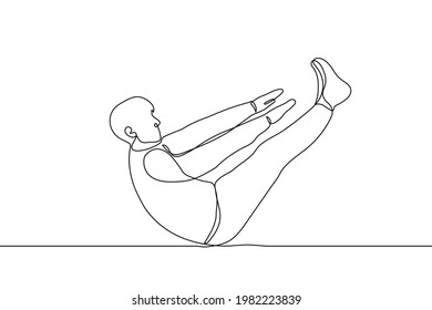 man doing abdominal exercise, shape corner - one line drawing vector. V-twist workout concept