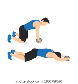 Man doing abdominal roller exercise side view. Flat vector illustration isolated on white background