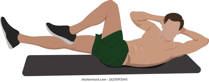 A man doing abdominal workout with Bicycle Crunch on yoga mat flat vector illustration.