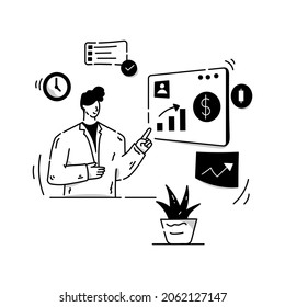 Man doing accounting audit hand drawn illustration