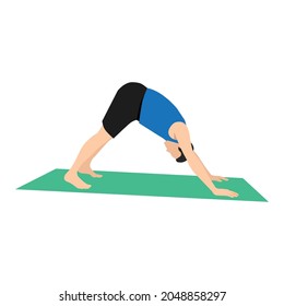 Man doing Adho mukha svanasana or downward facing dog yoga pose,vector illustration in trendy style