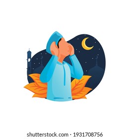 A Man is doing Adzan at night, A call For Muslims To Pray during Ramadan - Vector Illustration.