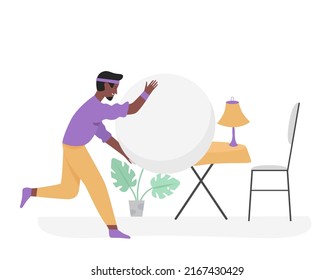 Man doing aerobic training with ball. Home sport exercising, fitness activity vector illustration