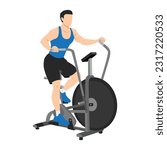 Man doing air bike training or assault bike cardio exercise. Flat vector illustration isolated on white background