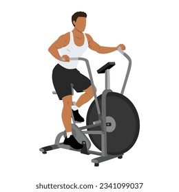 Man doing air bike training or assault bike cardio exercise. Flat vector illustration isolated on white background