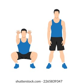 Man doing air squat in 2 steps in front view. Flat vector illustration isolated on white background