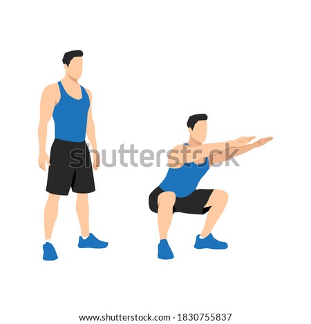 Man doing air squat in 2 steps in side view. Flat vector illustration isolated on white background Foto stock © 