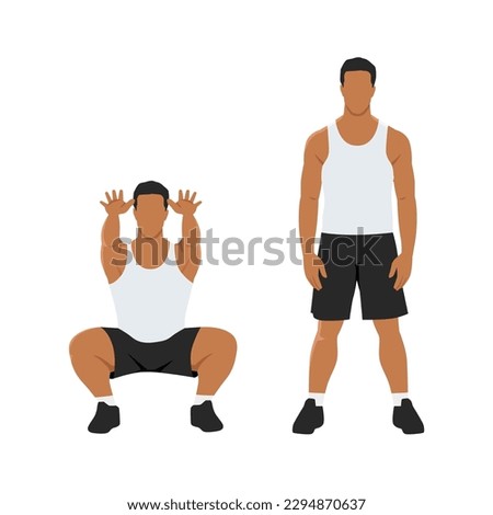 Man doing air squat in 2 steps in front view. Flat vector illustration isolated on white background