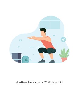Man doing air squat in gym. Workout and exercise concept flat vector illustration