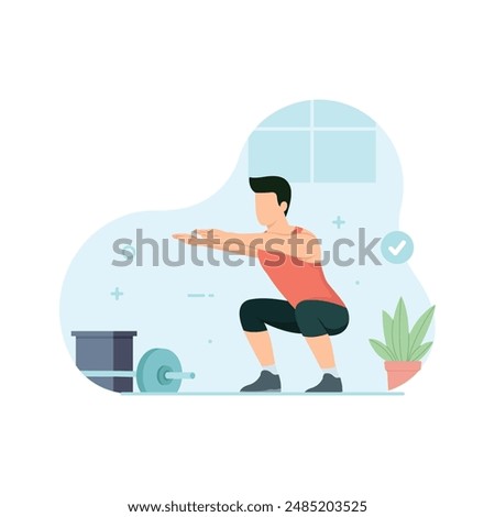 Man doing air squat in gym. Workout and exercise concept flat vector illustration
