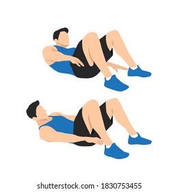 Man doing Alternate Heel Touches. Lying oblique reach, abs exercise. Flat vector illustration isolated on white background