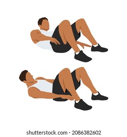 Man doing Alternate Heel Touches. Lying oblique reach, abs exercise. Flat vector illustration isolated on white background