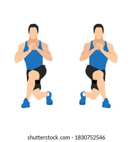 man doing Alternating Curtsy Lunge in 2 steps exercise. Flat vector illustration isolated on white background