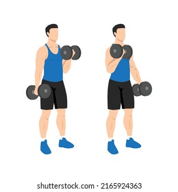 Man doing Alternating dumbbell curl. Flat vector illustration isolated on different layers. Workout character