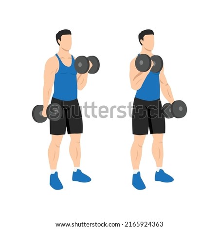 Man doing Alternating dumbbell curl. Flat vector illustration isolated on different layers. Workout character