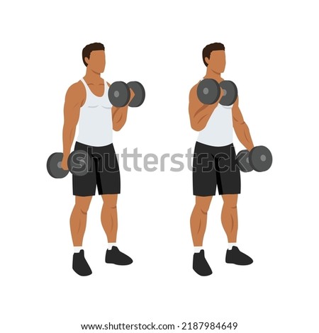 Man doing Alternating dumbbell curl. Flat vector illustration isolated on different layers. Workout character
