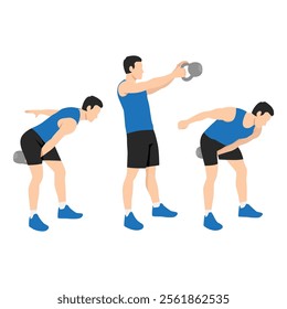 Man doing Alternating hand kettlebell swing exercise. Flat vector illustration isolated on white background