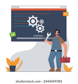 Un hombre está haciendo el mantenimiento de la aplicación. Mejorar de seguridad de Sitio web. Ilustración vectorial de mantenimiento premium
